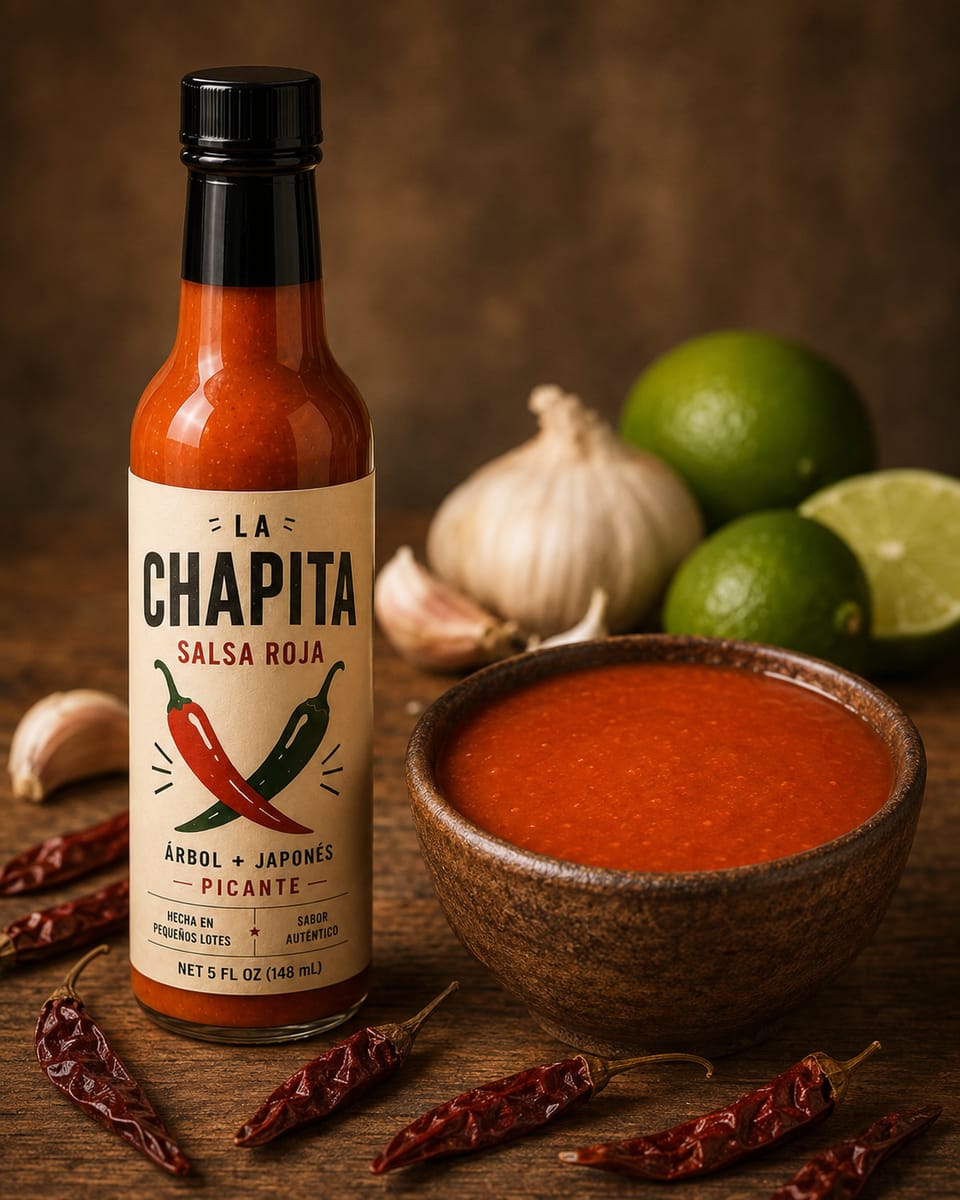 La Chapita beside a bowl of salsa, dried árbol chiles, and garlic