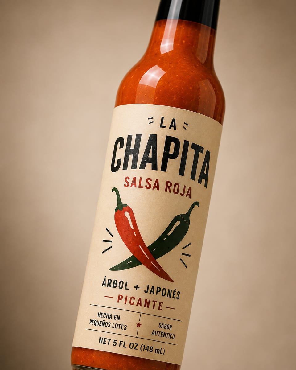 Close detail of the La Chapita label, árbol and japonés chiles crossed