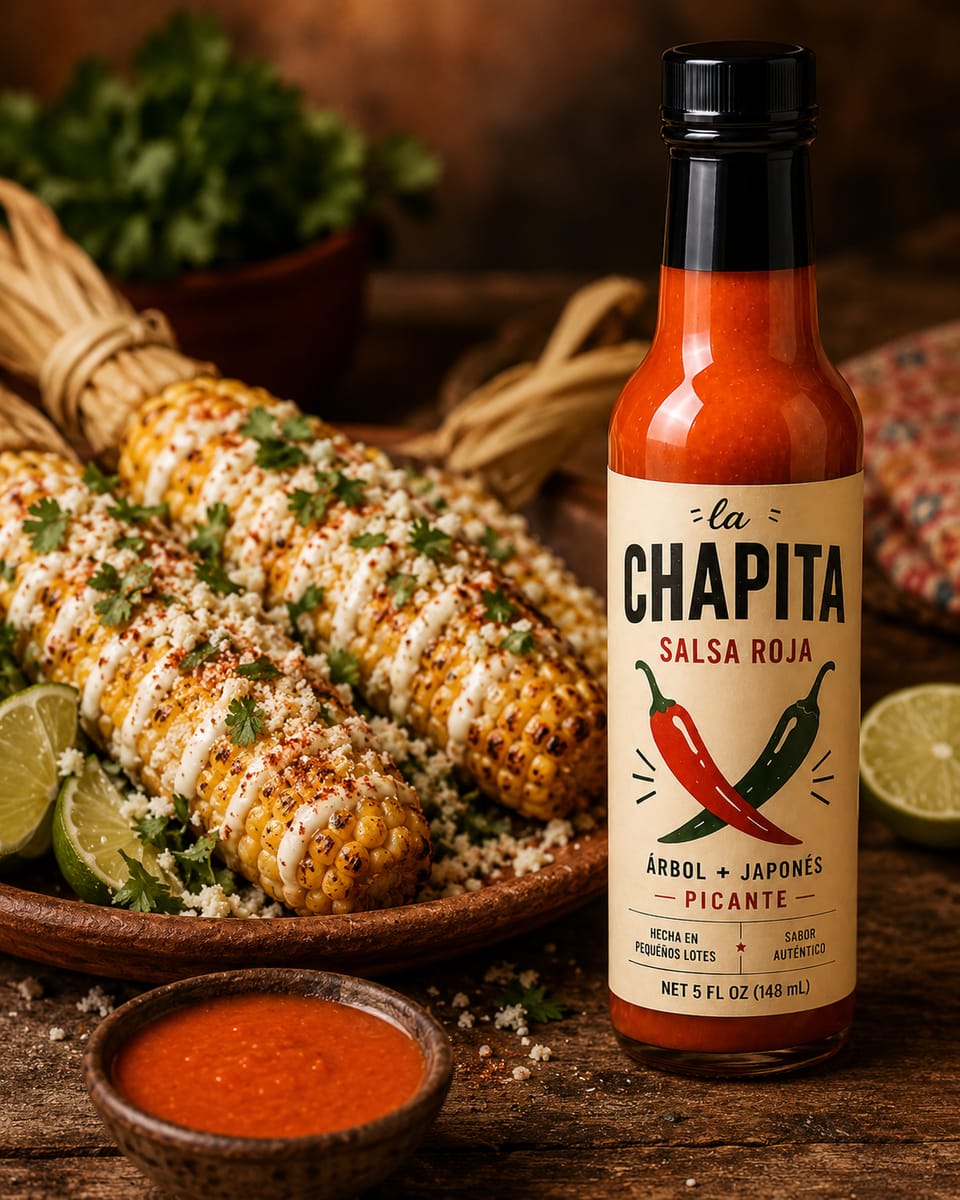 La Chapita beside grilled elote with a small bowl of salsa
