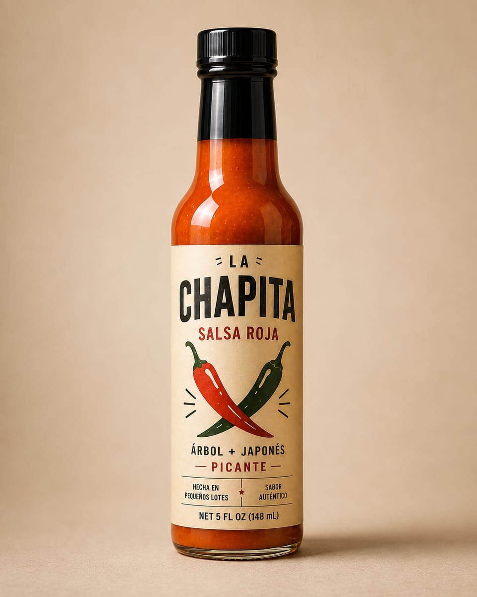 A bottle of La Chapita salsa roja, five fluid ounces