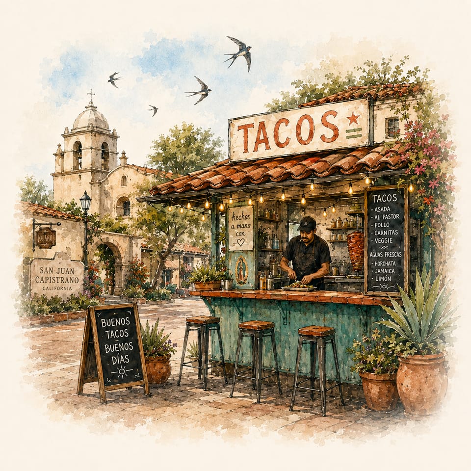 A watercolour taco stand under a tiled roof and string lights, a taquero cooking at the counter, with the San Juan Capistrano mission bell tower and swallows behind