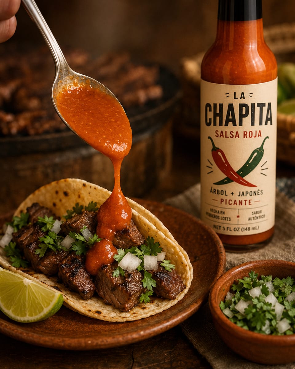 La Chapita salsa roja pouring off a spoon over a carne asada taco