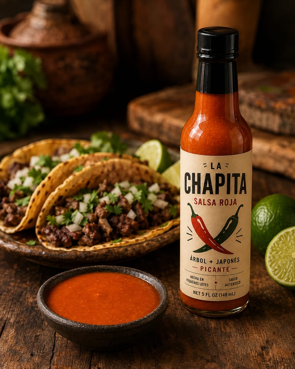 La Chapita beside tacos, salsa, and lime